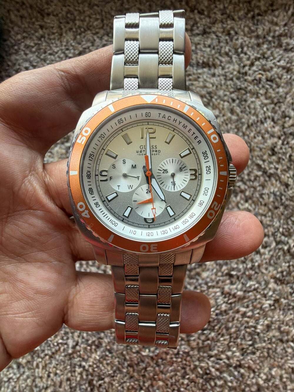 GUESS Waterpro Chronograph Men's Stainless Steel Watch with Orange Bezel
